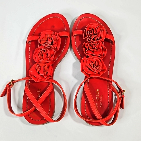 KATE SPADE New York Flowered T-Strap Red Leather Sandals Sz 7 - Picture 8 of 8